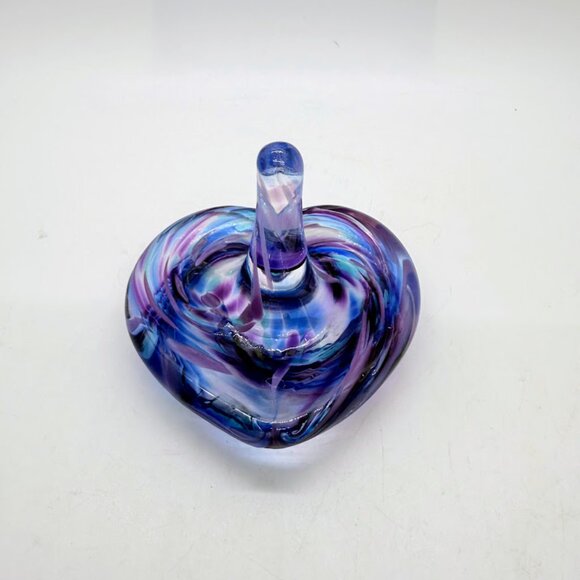 Purple Blue Swirl Glass Eye Studio Hand-Blown Glass Heart Ring Holder Seattle 3" - Picture 2 of 15